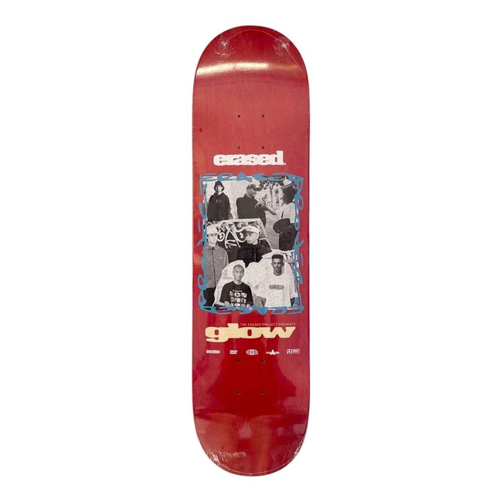 Erased “Glow Video Red” 8.0” x 31.4” Skateboard Deck — underside graphic view