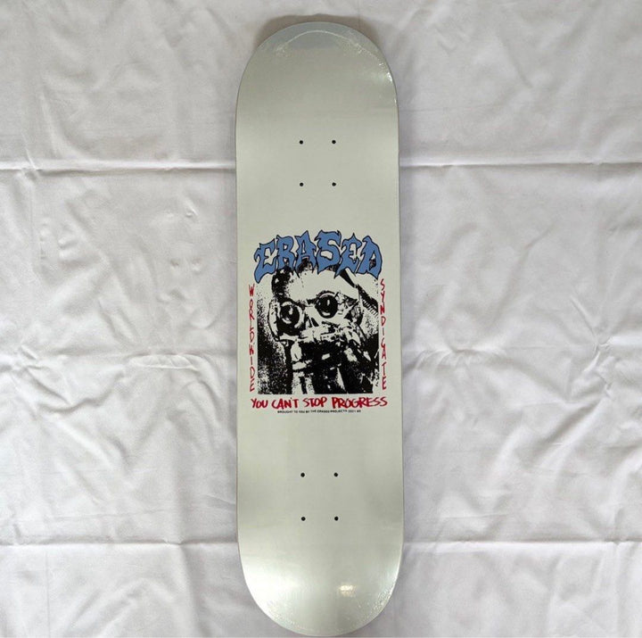 Erased “You Can't Stop Progress White” 8.0” x 31.4” / 8.25” x 31.5” Skateboard Deck — underside graphic view