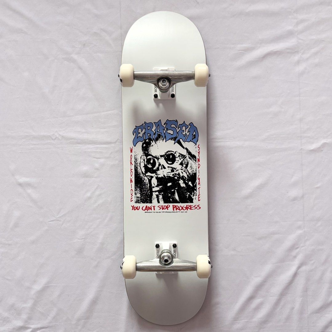 Erased “You Can’t Stop Progress White” 8.0” x 31.4” / 8.25” x 31.5” Custom Skateboard Complete