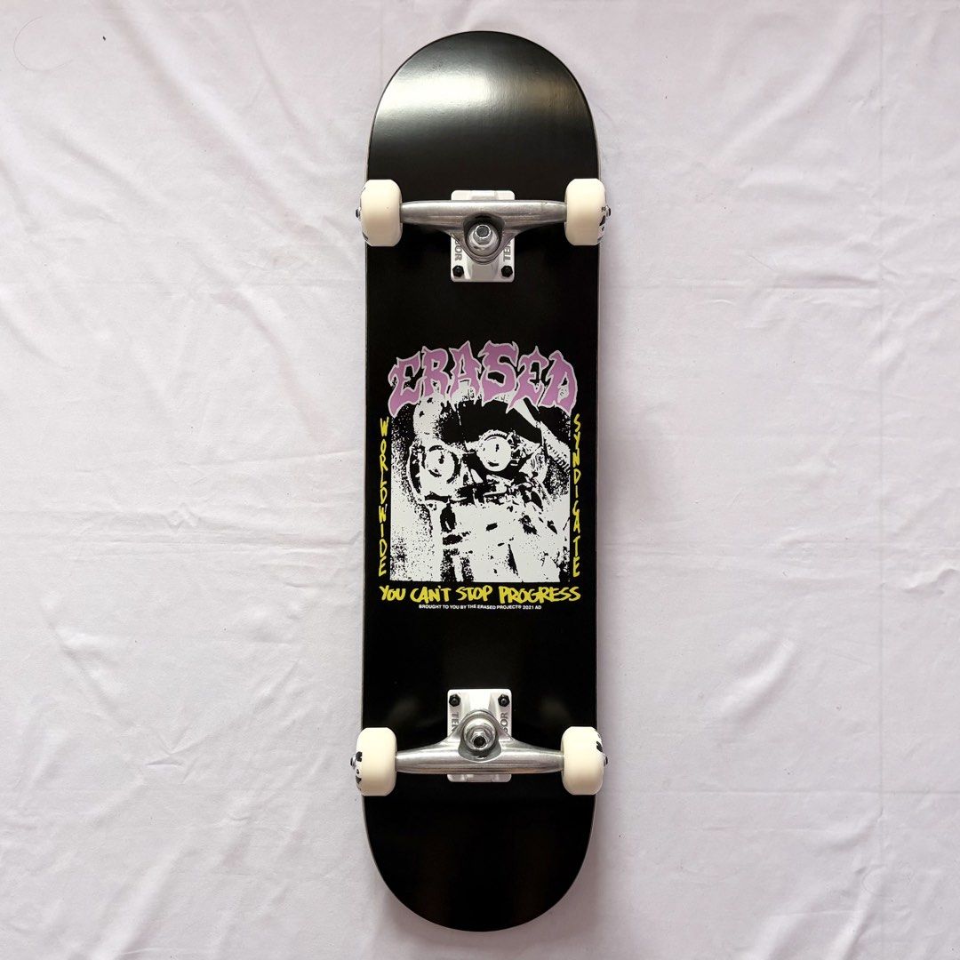 Erased “You Can’t Stop Progress Black” 8.0” x 31.4” / 8.25” x 31.5” Custom Skateboard Complete