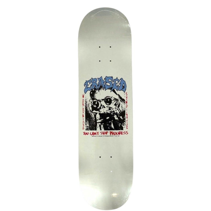 Erased “You Can't Stop Progress White” 8.0” x 31.4” / 8.25” x 31.5” Skateboard Deck — underside graphic view