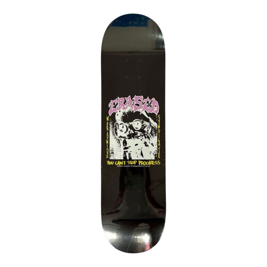 Erased “You Can't Stop Progress Black" 8.0” x 31.4” / 8.25” x 31.5” Skateboard Deck — underside graphic view