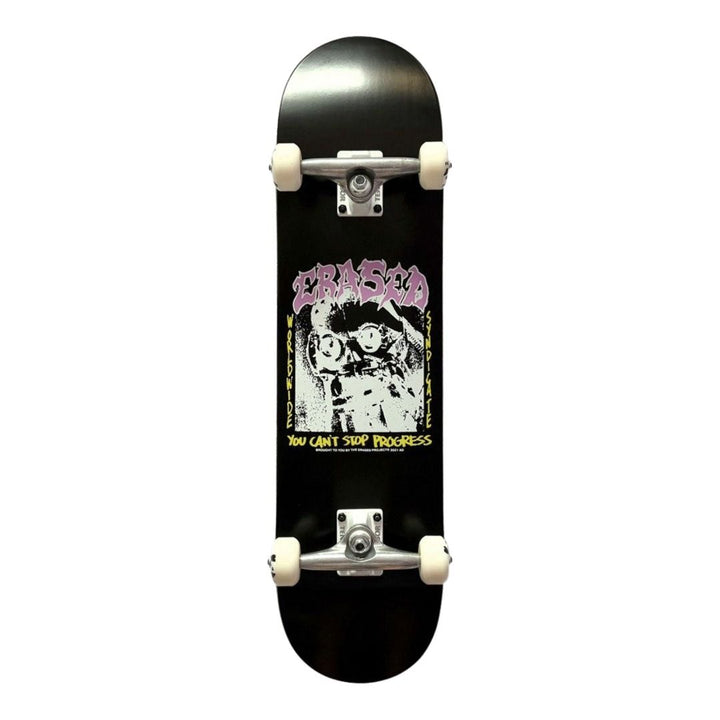 Erased “You Can’t Stop Progress Black” 8.0” x 31.4” / 8.25” x 31.5” Custom Skateboard Complete — underside graphic view