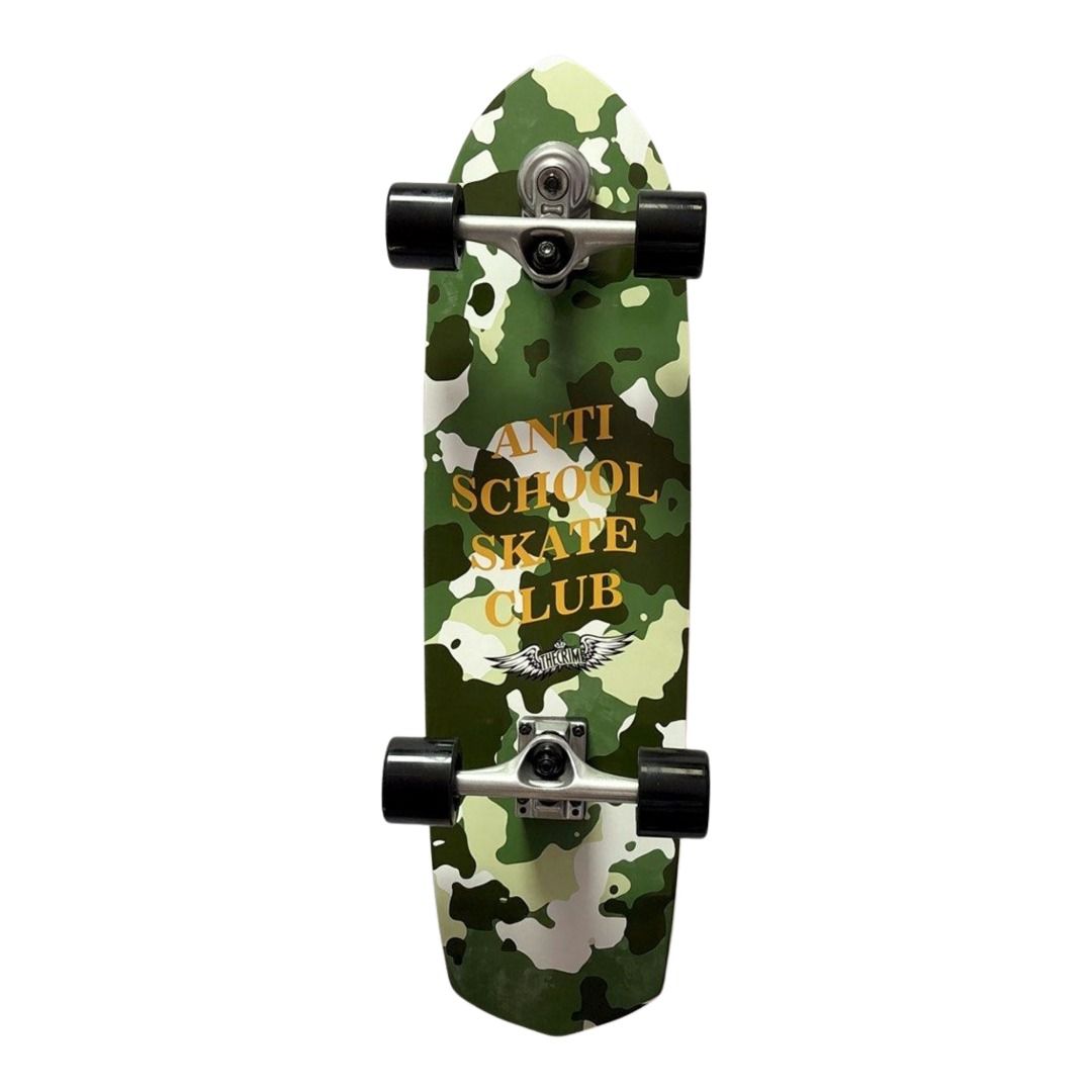 Sk8crime “Anti School Skate Club” 8.75” x 31.75” Surfskate Cruiser Skateboard Complete — underside graphic view