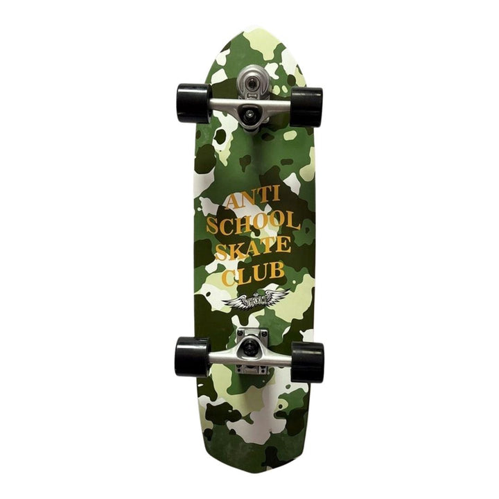 Sk8crime “Anti School Skate Club” 8.75” x 31.75” Surfskate Cruiser Skateboard Complete — underside graphic view