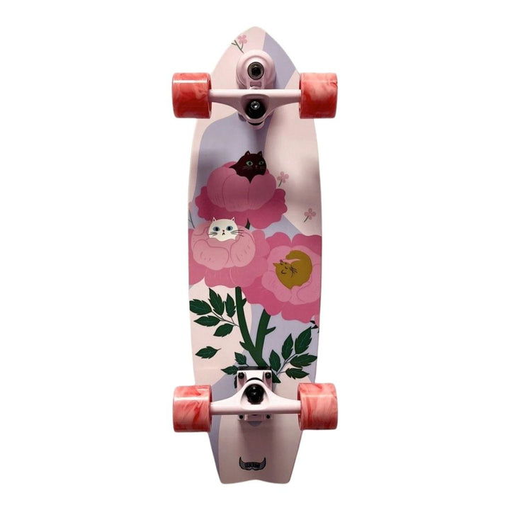 Sk8crime “Cats” 8.5” x 28.75” Surfskate Cruiser Skateboard Complete — underside graphic view