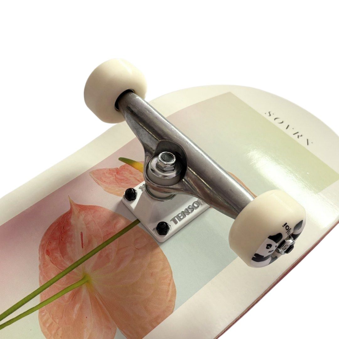 Sovrn “Flowers” 8.25” x 31.75” Custom Skateboard Complete — angled truck detail